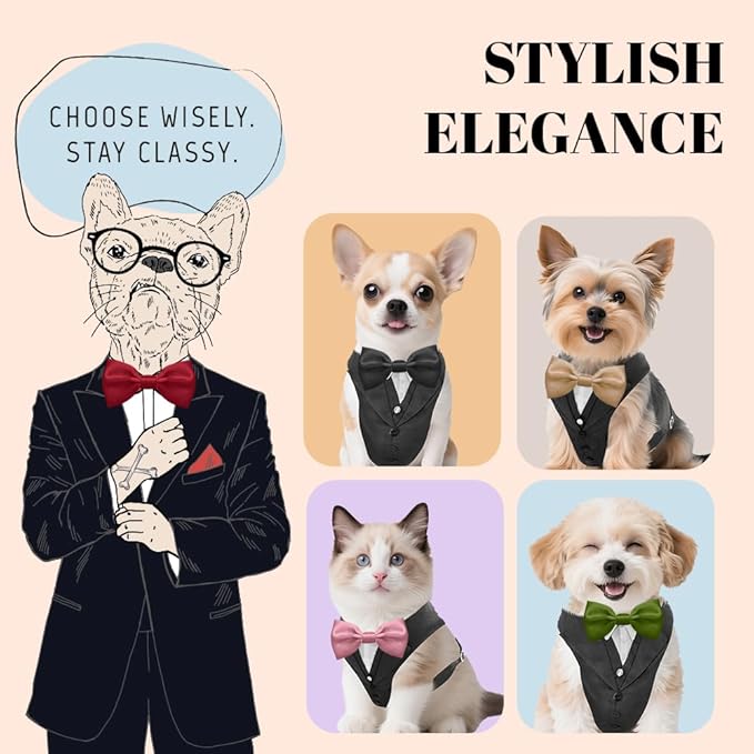 AVERYDAY XS Pet Tuxedo Harness, Wedding Costume Outfit for Small Dogs, Slim Cats and Tiny Pets with 8.3" Neck, 13-14.6" Chest, 8.5" Max Head Girth, Formal Suit Costume for Mini Breeds
