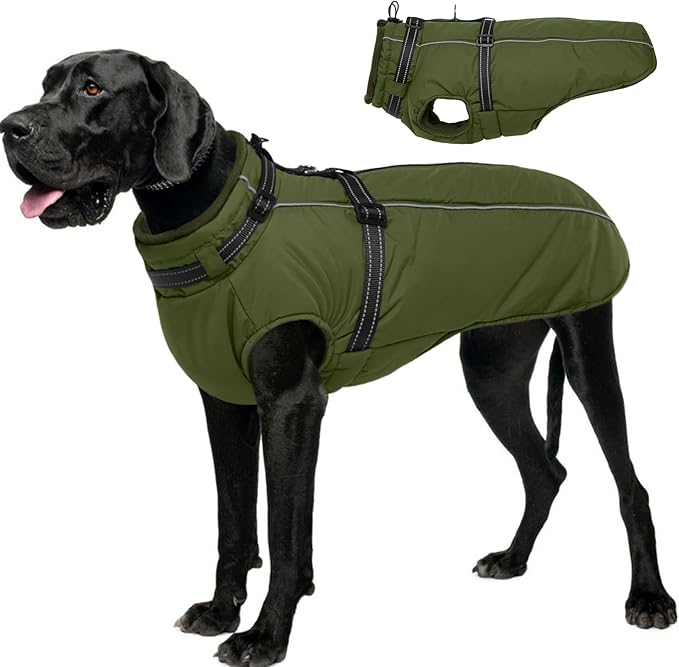 Lelepet Dog Coat for Large Dogs Waterproof Dog Jacket with Harness Built in Reflective Fleece Jacket with Zip Cold Weather Coats for Dogs Cozy Thermal Pet Snowsuit, Weimaraner, Army Green, XXL
