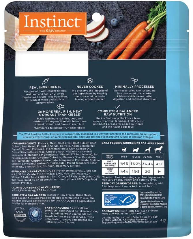 Instinct Freeze Dried Raw Meals, Natural Dry Dog Food, Grain Free - Wild Caught Pollock, 3 oz. Bag