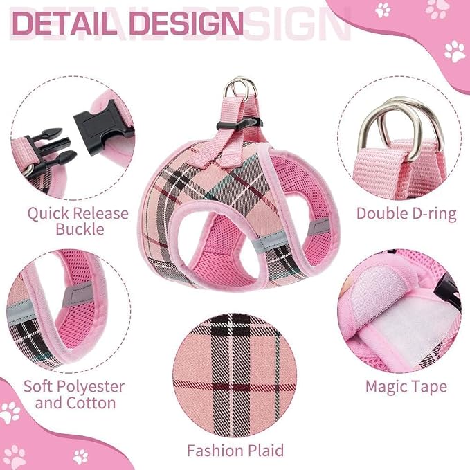 KOOLTAIL Dog Harness for Small Medium Dogs ,Dog Harness and Leash Set, Step in No Pull Soft Mesh Padded Adjustable and Reflective Pet Vest Harness Puppy, Plaid Extra Harness for XS S Dogs, Pink S