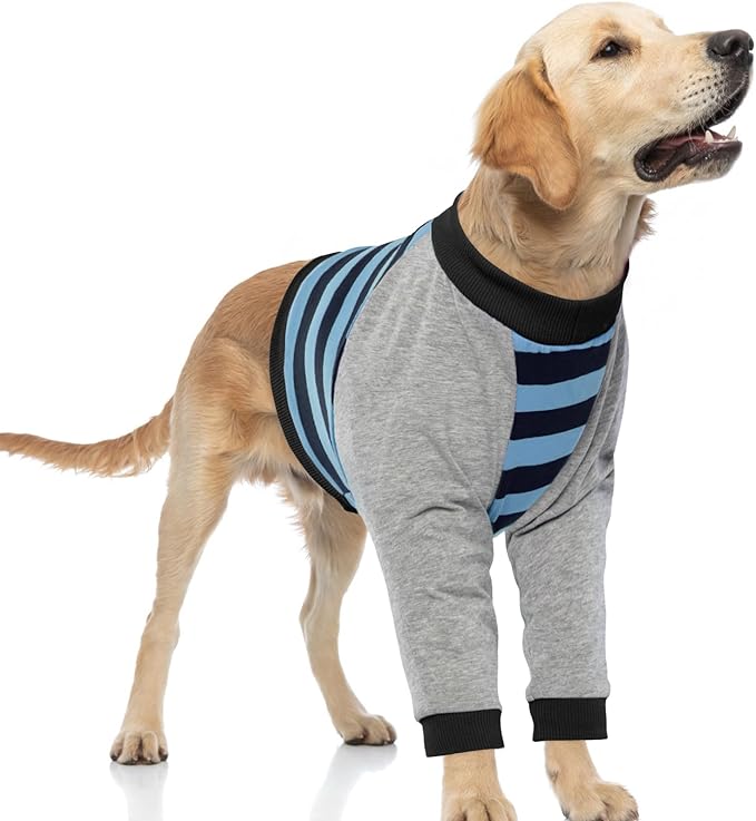 FUAMEY Dog Recovery Sleeve with Elbow Protector,Dogs Shirt Stop Licking Joints,Pet Long Sleeve Suit Protecting Dog's Front Leg Arm Wounds Cover Skin Conditions Blue Stripe XL