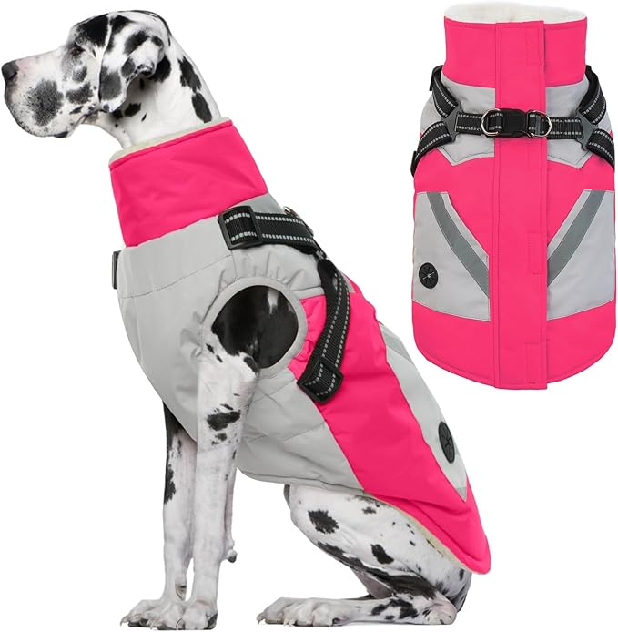IECOii Large Dog Coat with Harness Built in,Reflective Waterproof Dog Coat for Giant Breeds - Zip Up Fleece Jacket for Dogs,Great Dane Winter Coats Warm Snowsuit for Cold Weather, Rosered, 4XL