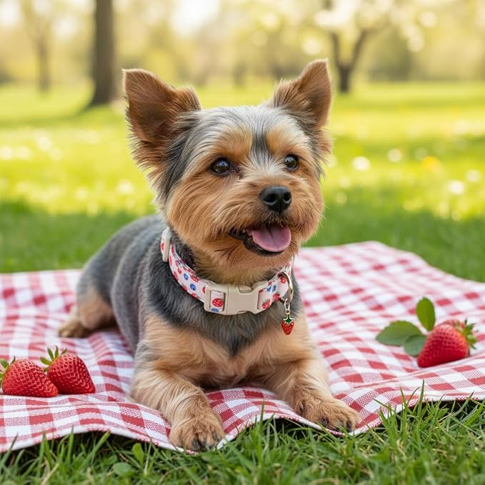 Girl Dog Collar, Cute Dog Collar for Medium Dogs with Cute Strawberry, Cherry and Blueberry Print, Pink Collar for Dogs with Quick-Release Buckle and Robust D Ring, M