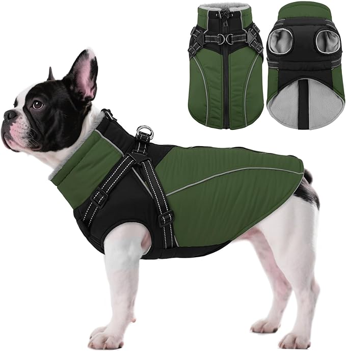 ASENKU Reflective Dog Coat with Built-in Harness, Windproof Fleece-Lined Dog Jacket for Small, Medium, Large Dogs, Warm Winter Vest with Turtleneck & Zipper (Green XS)