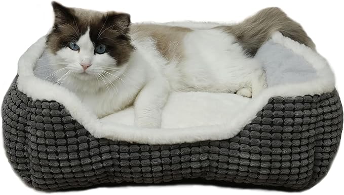 Luxury Square Grey Cat & Dog Bed - Soft Washable Animal Pet Beds with Anti-Slip & Water-Resistant Bottom, Perfect for Indoor Small Dogs & Cats, Kittens & Puppies