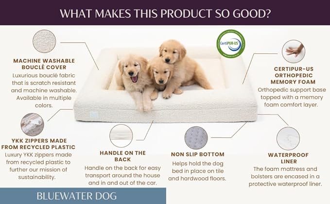 Bluewater Dog Luxury Boucle Orthopedic Memory Foam Dog Bed with Waterproof Liner and Machine Washable Cover with YKK Zippers (X-Large, 61" L x 44" W x 7" Th, Sand)