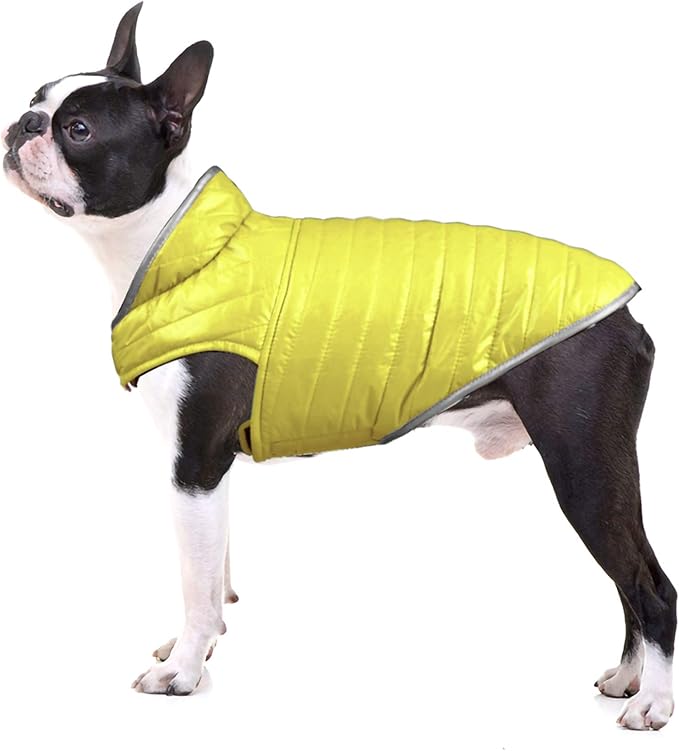 Mogoko Reflective Reversible Dog Winter Coat with Harness/Leash Hole, Waterproof Pet Jacket Warm Vest for Cold Snow Weather (Yellow/Green)