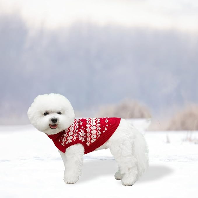 KOOLTAIL Cable Knit Small Dog Sweater Turtleneck, Cold Weather Pullover Classic Knitwear with Leash Hole, Snowflake Pattern Thick Warm Winter Pet Clothes, Medium Dog Christmas Sweater, Red SM