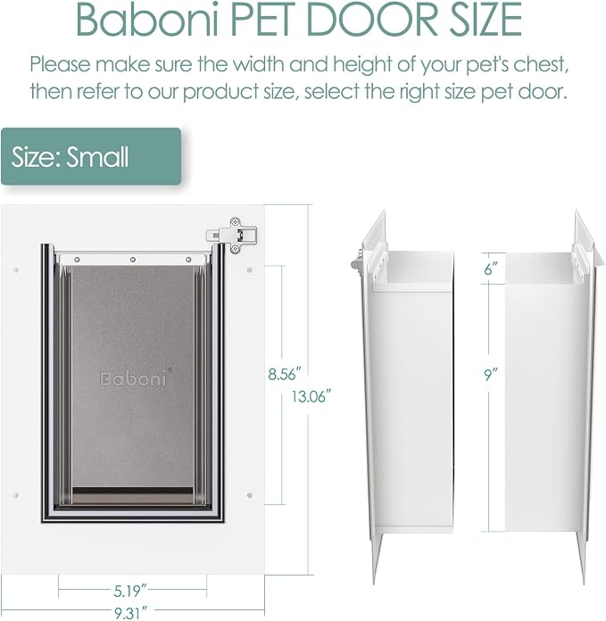Baboni Pet Door for Wall, Steel Frame and Telescoping Tunnel, Aluminum Lock, Double Flap Dog Door and Cat Door, Strong and Durable (Pets Up to 12 Lb) -Small