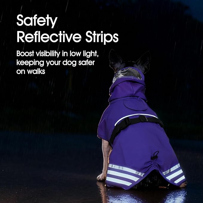 IECOii Waterproof Dog Raincoat with Reflective Strips - Adjustable Dog Rain Jacket for Small Medium Large and Giant Dogs, Windproof Pet Rain Coat with Hood for Outdoor Walking, Hiking, Purple