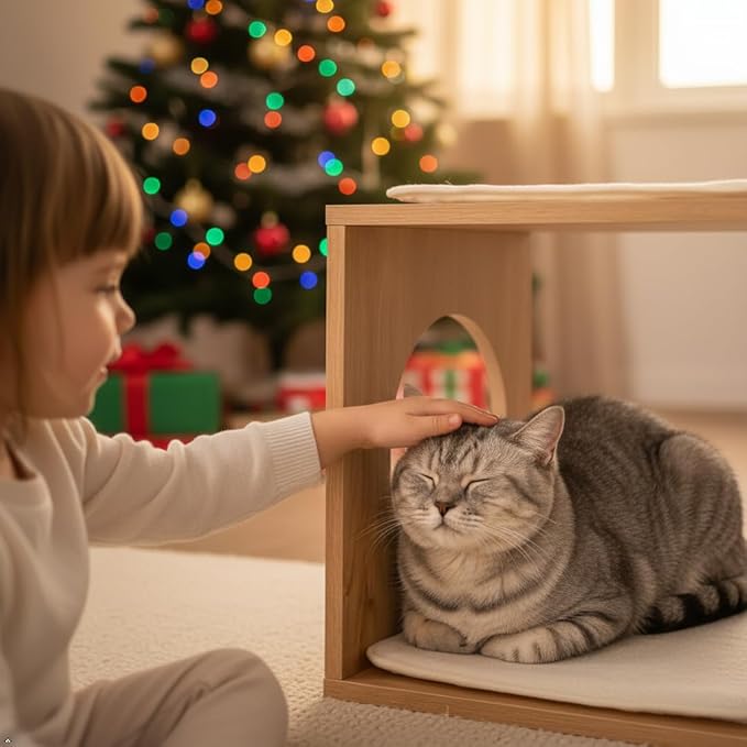 VICTORY RELAX Modern Cat Tree & Condo - Natural Wooden Cat House Indoor with Cozy Kitten Bed, Elevated Perch & Integrated Scratching Post - Stylish Cat Furniture (18.3" D x 14.6" W x 14.6" H)