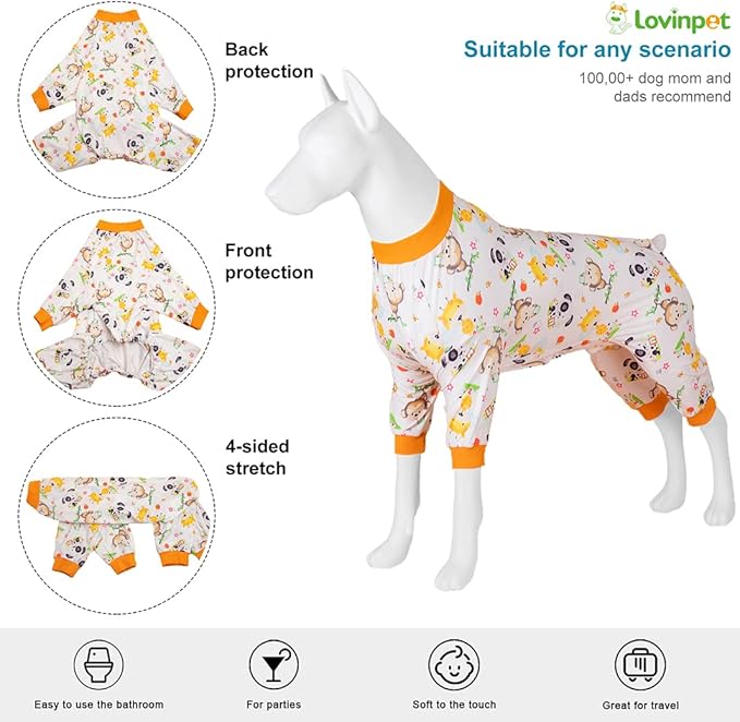 LovinPet Pitbull Mix Pajamas - Pet Anxiety Relief Shirt, Dog Pajamas, UV Protection Comfy Stretchy Fabric, White Animal Print, Large Dog Pjs, Pitbull Clothes, Surgical Recovery Shirt, Orange 3XL