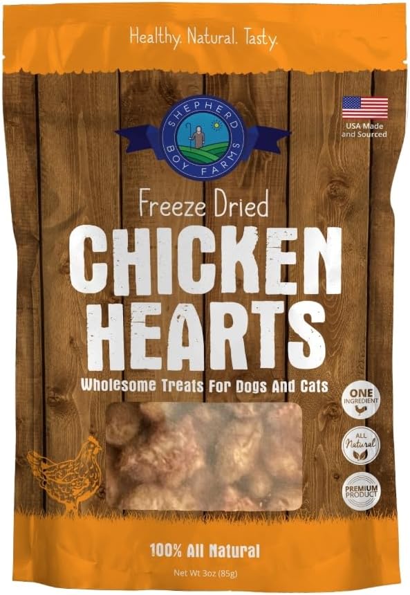 Shepherd Boy Farms Freeze Dried Dog and Cat Treats, Chicken Heart, All Natural Freeze-Dried Dog Treat & Snacks, Made in USA, High in Protein, Single Ingredient, Made in The USA, 3oz