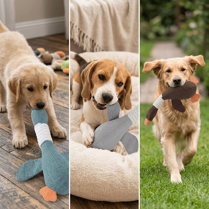 Squeaky Goose Dog Toy, Cotton Linen Blend Chew Toy for Small Medium Dogs and Cats, Interactive Play Toy with Teeth Cleaning Function(Brown)