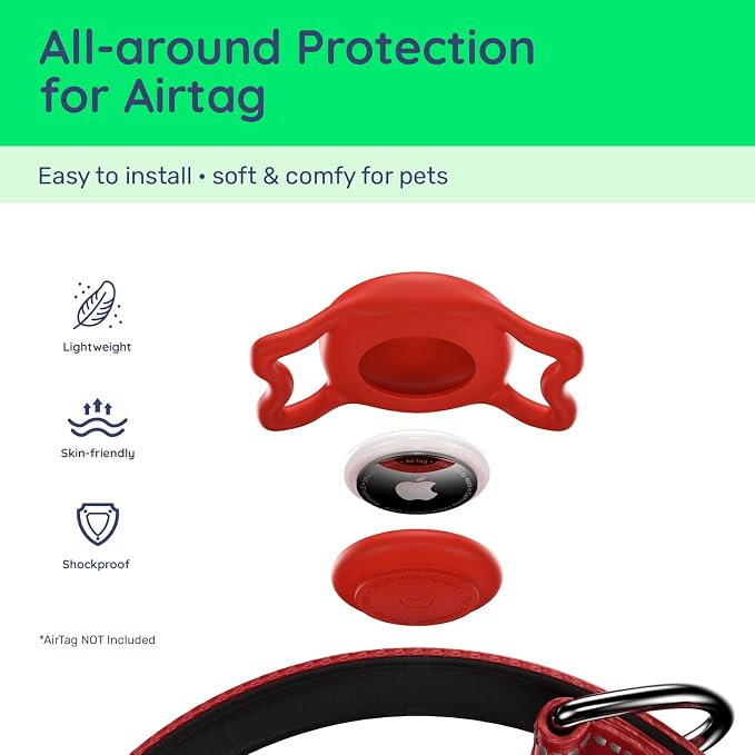 Premium Airtag Dog Collar，with IP68 Waterproof AirTag Holder,Red,M | Soft,Breathable,Nylon Padded,Reflective,Ultra-Durable Buckle,Adjustable,Comfortable for Small Medium Large Dogs