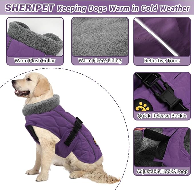 Dog Winter Coats, Fleece Lining Warm Coats for Dogs, Adjustable Windproof Pet Cold Weather Apparel, Quick Release Buckle Puppy Winter Jacket for Small Medium Large Dogs, Purple S