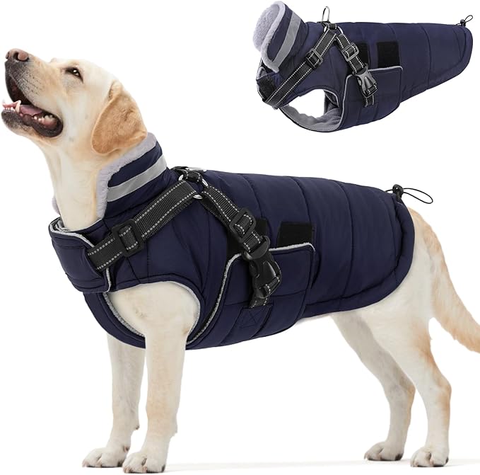 Queenmore Winter Dog Jackets for Extra Large Dogs with Harness Built-in, Waterproof Puffer Coat for Large Breed, Pet Snow Jacket for Winter/Cold Weather - Fleece Easy On Reflective, Navy XL