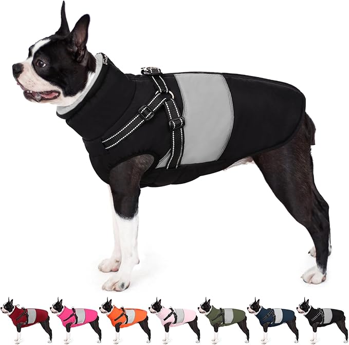 AOFITEE Dog Coat, Waterproof Dog Jacket Winter, Dogs Coat with Harness Built in, Warm Dogs Puffer Jacket with Zipper, Reflective Pet Snowsuit Sweater for Dachshund, French Bulldog, Boston Terrier, M