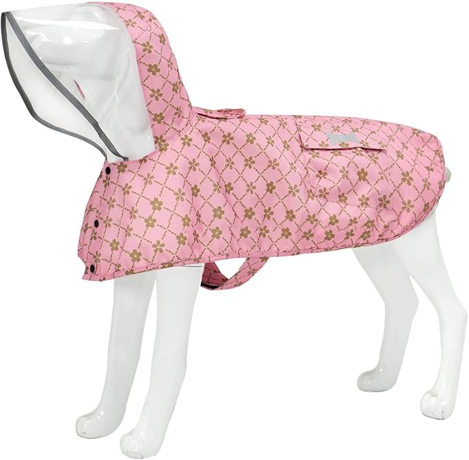 Waterproof Dog Raincoat, Adjustable Reflective Lightweight Pet Rain Clothes with Poncho Hood (Gold Cheery Blossoms Pink, Medium)