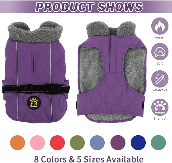 Dog Winter Coats, Fleece Lining Warm Coats for Dogs, Adjustable Windproof Pet Cold Weather Apparel, Quick Release Buckle Puppy Winter Jacket for Small Medium Large Dogs, Purple S