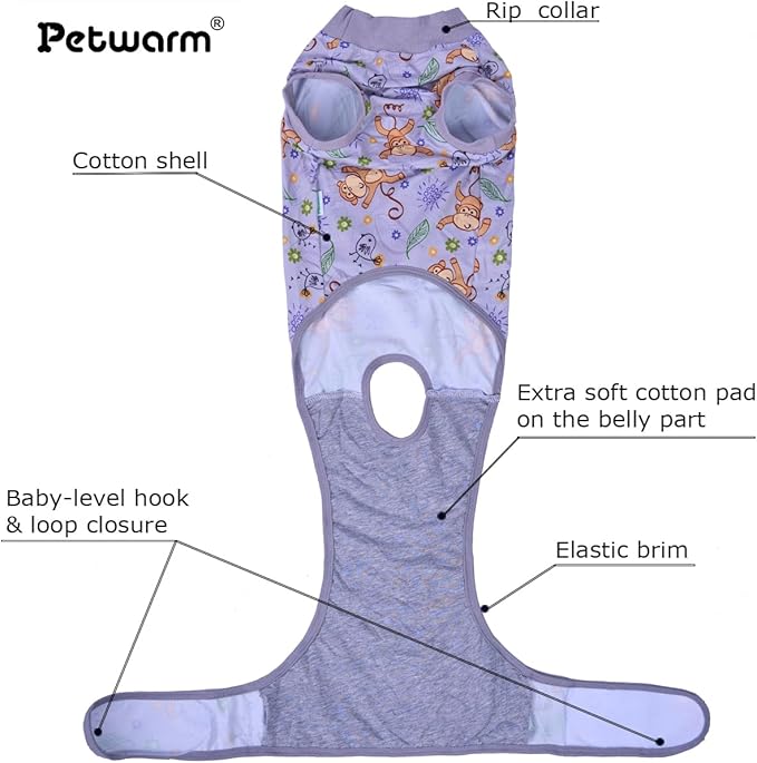 PetWarm Recovery Suit for Dogs, Dog Surgical Recovery Suit Female and Male, Dog Onesie for Surgery, Anti-Licking Dog Surgery Recovery Suit, Monkey Pattern, Grey, S