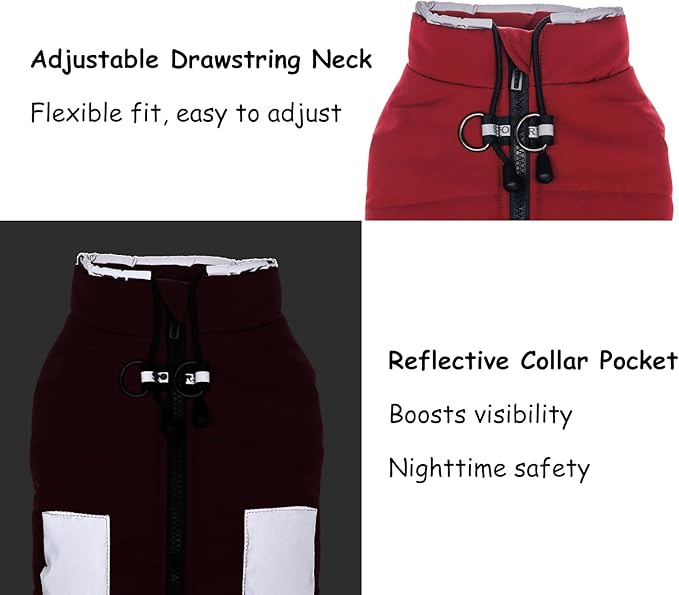 Dog Jacket with Harness Built in, Dog Coat with Water-Repellent Shell, Reflective Panels, Warm Fleece Lining, Winter Snowsuit Sweater for Small Medium Large Dogs (Red, X-Large)