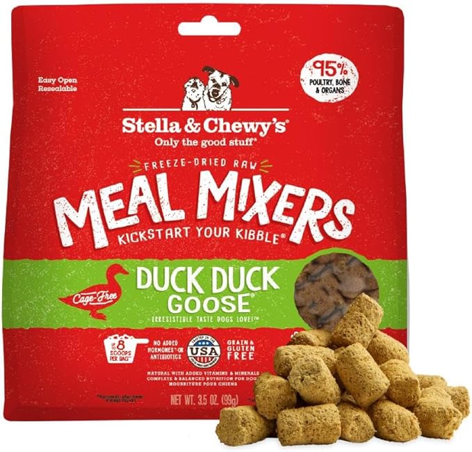 Stella & Chewy's Freeze-Dried Raw Duck Duck Goose Meal Mixers - Dog Food Topper and Mixer - Made with 95% Cage-Free Poultry, Organs & Bone - Perfect for Picky Eaters - Grain-Free - 3.5 oz