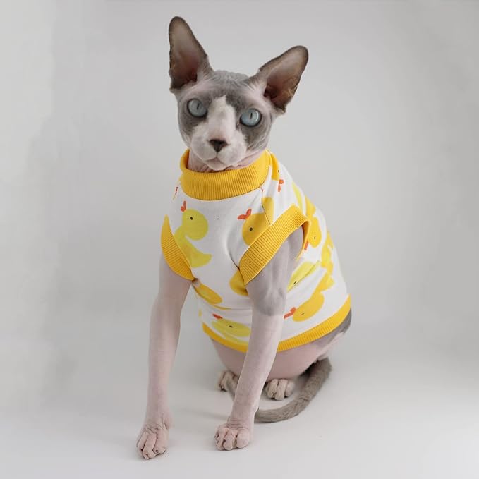 Sphynx Hairless Cat Summer Cotton T-Shirts Cat Vest Pet Clothes,Round Collar Vest Kitten Shirts Sleeveless, Cats & Small Dogs Apparel (X-Large, Yellow Ducks)