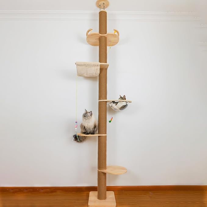 Floor to Ceiling Cat Tree Height (50-119.5in) Adjustable Cat Tower 5 Tier Hemp Scratching Post High Cat Tree Sturdy Activity Tree Indoor Outdoor Cat Scratching Post Activity Center