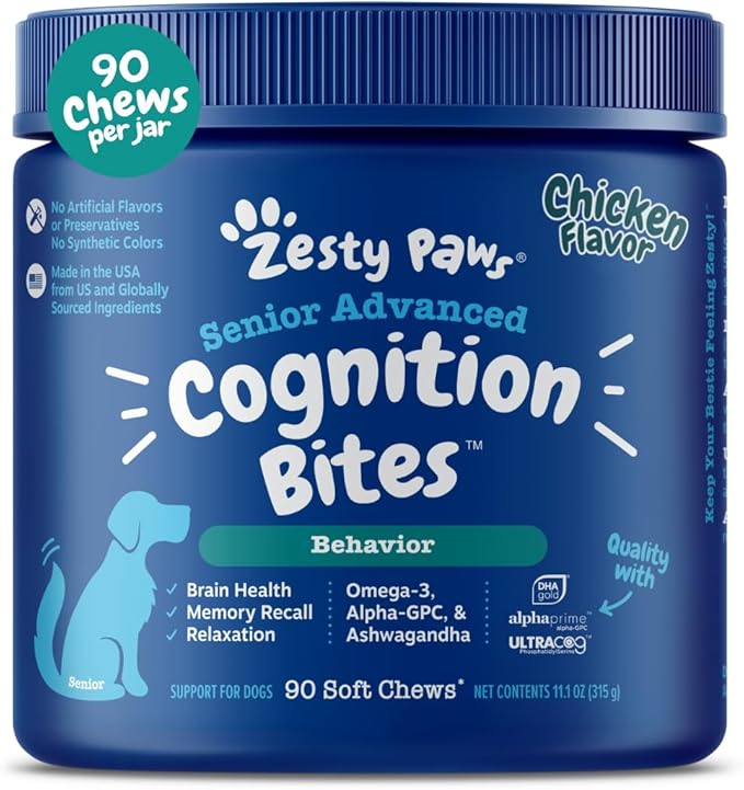 Zesty Paws Advanced Cognition Soft Chews for Dogs - with Omega 3 DHA, Ashwagandha & Alpha GPC - for Senior Dog Brain Health & Nervous System Support - Supplement for Calming & Relaxation - 90 Count