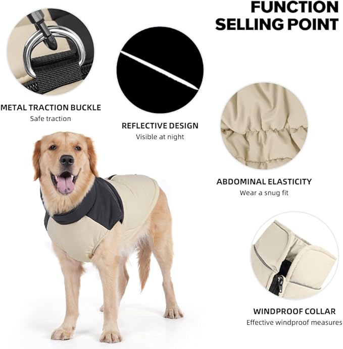 Dog Coat, Waterproof Dog Winter Jacket in Puppy Cold Weather Windproof Coats Reflective Pet Vest, Zip-Up Cold Weather Coats for Small Medium Dogs (Beige and Black, L)