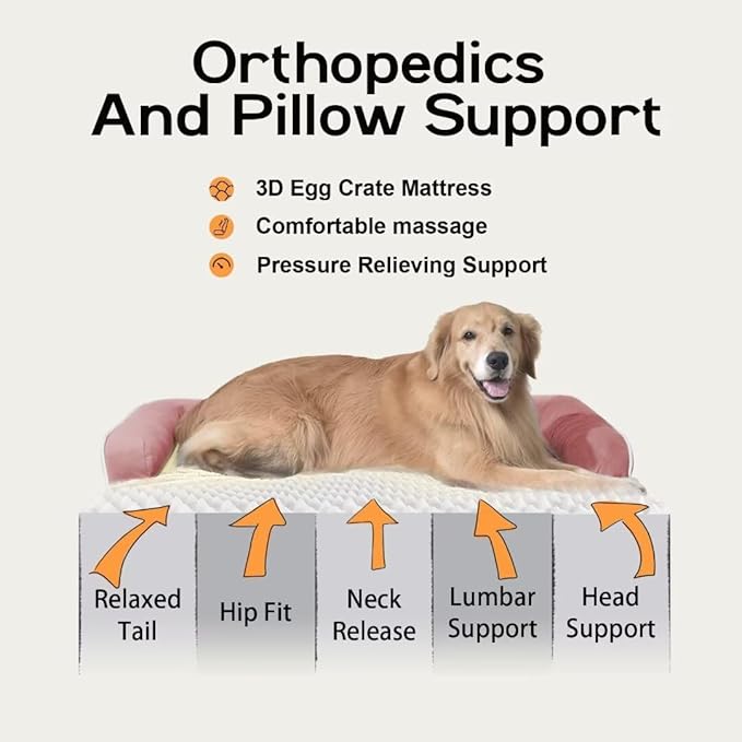Large Dog Bed Orthopedic Washable - Couch Sofa - XXL Large Big Dogs - Beds Bolster Pet - Memory Foam - Waterproof with Removable Cover - Pink Dog Bed