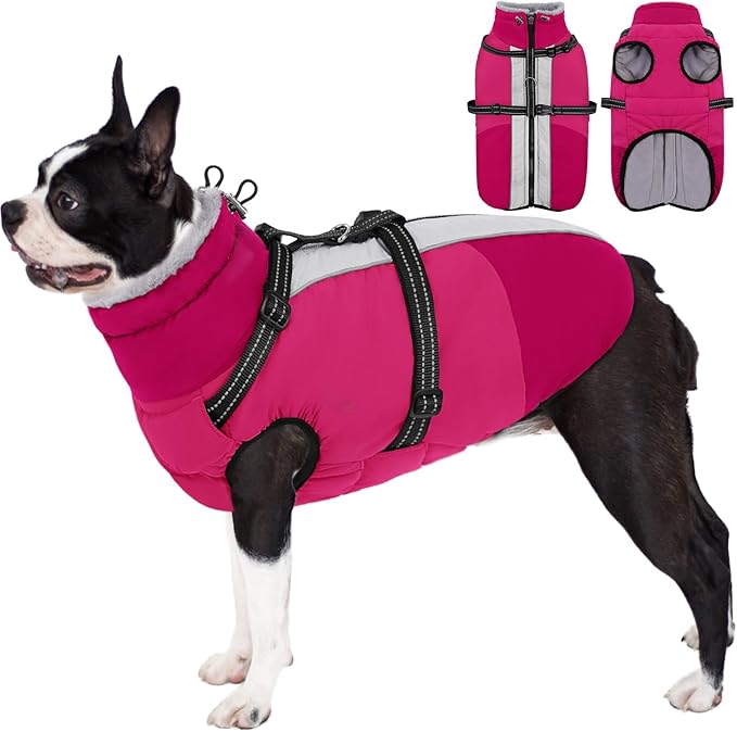 AOFITEE Small Dog Coat, Waterproof Dog Winter Jacket with Harness Built in, Warm Fleece Lined Dogs Jacket for Cold Weather, Reflective Pet Snow Jackets with Zipper for Yorkshire, Schnauzer, Hot Pink S