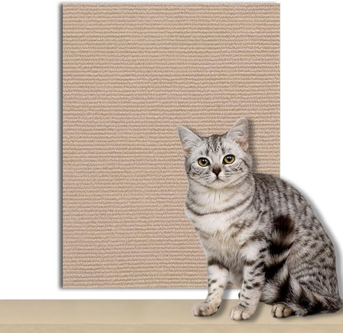 Cat -16"x39"Self-Adhesive Cat Scratching Carpet, Heavy-Duty Nail-Free Wall-Mounted Cat Activity Mat for Indoor Cats, Durable Pet Furniture for Kittens & Adult Cats （Khaki）