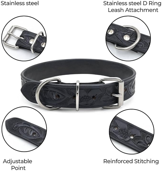 TARICO Genuine Leather Dog Collar with Engraved Floral Design for All Breeds, Heavy Duty Durable Metal Buckle Non Padded Adjustable Pet Collar - Black (Medium: Fits 15–19" Necks)