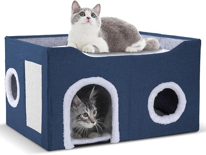 Gosipeya Cat House for Indoor Cats – Foldable Cat Cave & Covered Cat Bed, Cozy Hideaway for Small Pets and Large Cats (23.6"x16"x12.8"),Navy Blue
