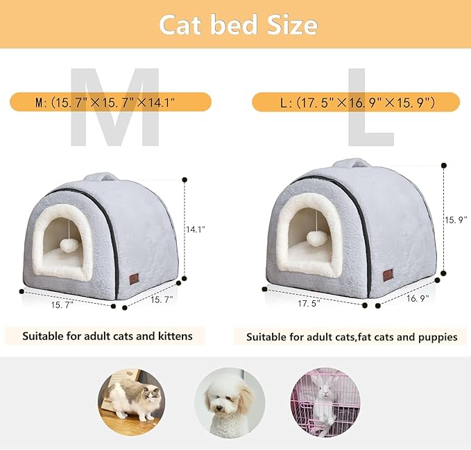 OMIVIER Cat Bed for Indoor Cats，Foldable cat cave，Anti-Slip & Water-Resistant Bottom，cat Houses for Indoor Cats or Small Dogs, Kitten Tent, Rabbit Bed，2 in 1 pet Bed (Grey)