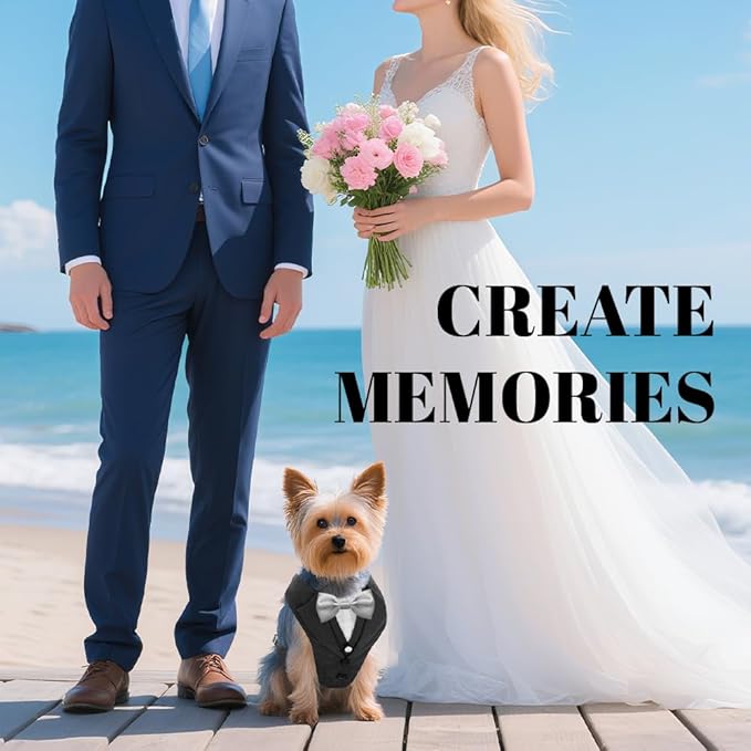 AVERYDAY XS Pet Tuxedo Harness, Wedding Costume Outfit for Small Dogs, Slim Cats and Tiny Pets with 8.3" Neck, 13-14.6" Chest, 8.5" Max Head Girth, Formal Suit Costume for Mini Breeds
