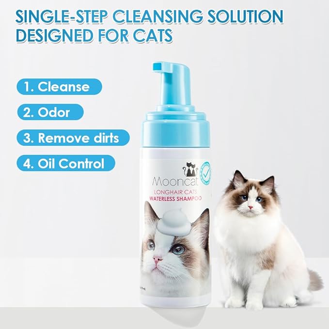 Mooncat Waterless Cat Shampoo for Longhair Cats | Licking Safe No-Rinse Dry Foam Bath for Detangling Matted Fur | Gentle Formula for Kittens & Sensitive Skin, pH Balanced - 5oz
