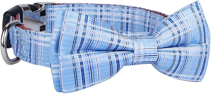 Dog Collar with Bow Tie for Girl or Boy Gift Soft Durable Bowtie Blue Tartan Plaid Large