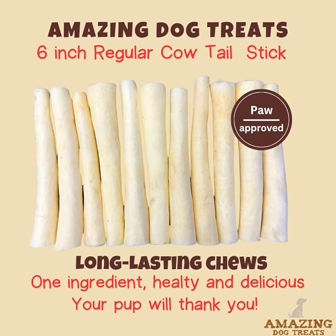 Amazing Dog Treats - Cow Tail Dog Chews (6 Inch Regular - 12 Pack) - Sourced from 100% Grass Fed Cattle - All Natural - Long Lasting Chew for Dogs - Rawhide Alternative for Dogs