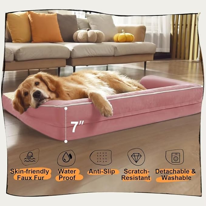 Large Dog Bed Orthopedic Washable: Beds Bolster - XL XLarge Big Dogs - Memory Foam - Ultra-Soft Pink XL Dog Crate Bed - Waterproof with Removable Cover