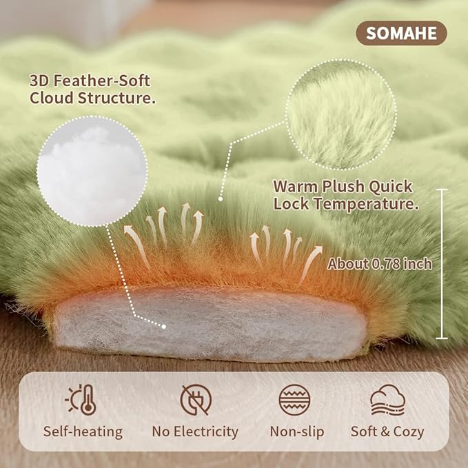 SOMAHE Self-Warming Dog Bed, Plush Faux Fur Mat with Anti-Slip Bottom, Ultra Soft Heated Pet Bed for Medium Large Dogs, Cozy Fluffy Pad for Carriers Couch Crate, Machine Washable, 35 x 27 Inch Green