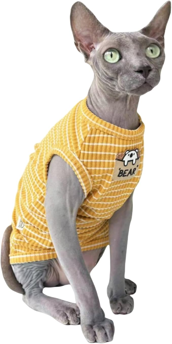 Sphynx Cat Clothes Vest for Hairless Cat, Rib Knit Stripe Cats T-Shirt Apparel, Kitten Summer Cotton Shirts Sleeveless for Cornish Rex, Devon Rex, Peterbald (Ginger, S (3.5-5 lbs))