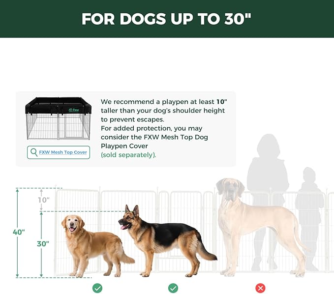 FXW Rollick Unleashed Dog Playpen for Indoor, Yard, RV Camping, 40 inch 32 Panels for Medium and Large Dogs, White│Patented