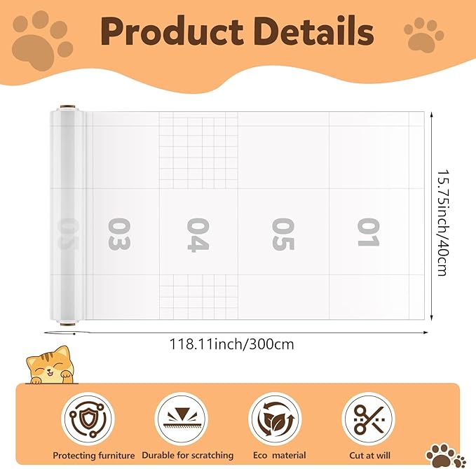 Anti Cat Scratch Furniture Protector, PET Single-Sided Sticky Couch Protector for Cats,100% Transparent Clear Training Self Adhesive Tape for Carpet, Sofa, Couch, Door (160in x12.4in)