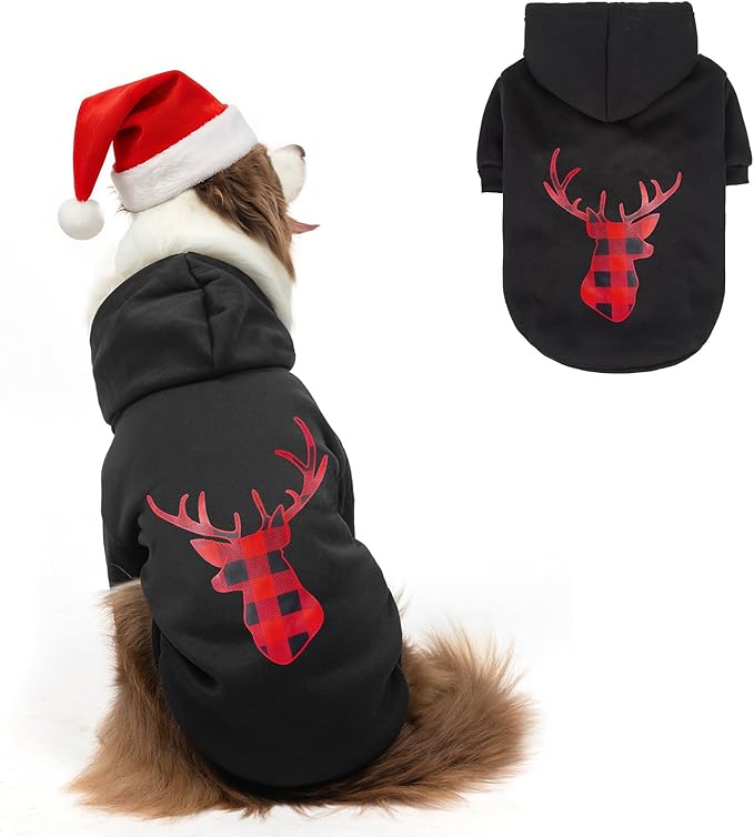 SCENEREAL Christmas Dog Hoodie with Leash Hole, Warm & Soft Fleece Pet Sweater & Sweatshirt for Small Medium Large Dogs, Xmas Elk Print Pets Clothes Cold Weather Costume, L