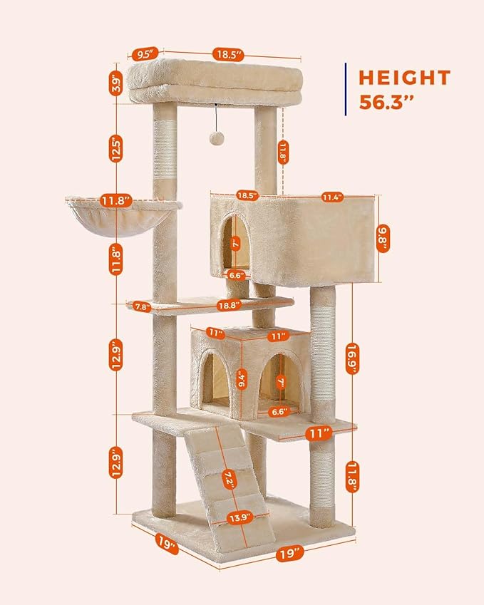 MUTTROS Cat Tree for Large Cats with Super Large Top Perch,56.2" Multi-Level Tower for Indoor Cats with Hammock and Sleeping Bag, Cat Shelves with Scratching Posts and 2 Condos Houses, Beige