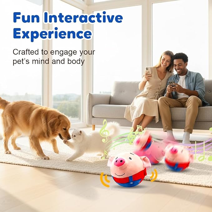 Interactive Dog Toys with Music, Active Moving Pet Plush Toy,Rechargeable Squeaky Dog Ball Toy with Talking Sound,Washable Cartoon Pig Plush Toy for Dogs (A)