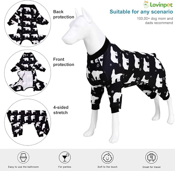 LovinPet Big Dog Shirts, Stretch Cotton Pet Shirts with Animal Print, Full Coverage Dog Clothing Perfect to Prevent Licking Wounds After Surgery for Medium & Large Dogs, Black L